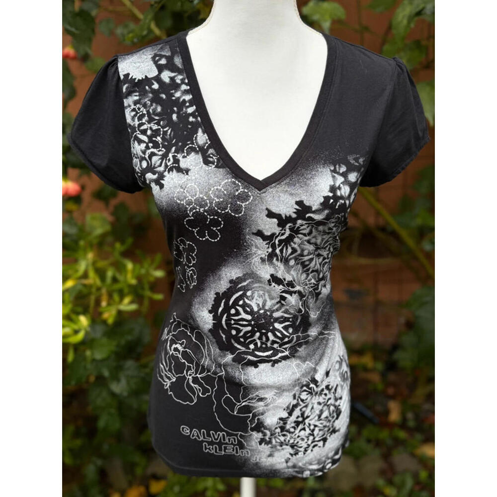 Calvin Klein Vintage Y2K Grunge Floral Black Tee Women Size L